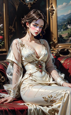 A aristocratic girl engaged in a leisurely activity. She seated in an opulent interior with plush red drapery and a glimpse of a pastoral landscape through a window. She wore silk gowns and the intricate lace and embellishments. Rococo-style oil painting,Rococo Style,oil painting,masterpiece