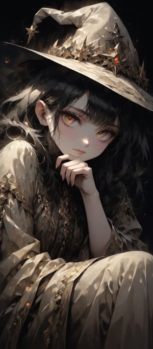 a gorgeous, provocative, wise, smart witch girl, resting chin on hand, fashionable black and gold robe, witch hat, intricate details, by (Anna Dittmann). (Cinematic lighting, ethereal light, intricate details, extremely detailed, incredible details, full colored), complex details, hyper maximalist, gorgeous light and shadow, detailed decoration, detailed lines. masterpiece, best quality, HDR, UHD, unreal engine. looking at the camera, fair skin, beautiful face, beautiful eyes, perfect eyes, detailed eyes, beautiful nose, super wide angle, high angle, high color contrast, (colorful:1.4), far away shot, more saturation