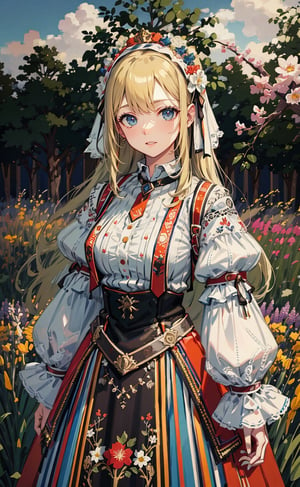 1girl, solo, long hair, blonde hair, outdoor, grass, flowers, scenery, folk dress, white shirt, smile, long sleeves, standing, blue eyes,  (extremely detailed, incredible details, full colored), complex details, hyper maximalist, gorgeous light and shadow, detailed decoration, detailed lines. masterpiece, best quality, HDR, UHD, high color contrast,slavic dress