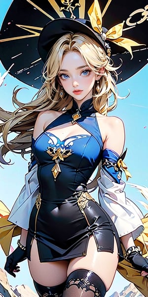 vibrant colors, female, masterpiece, sharp focus, best quality, depth of field, cinematic lighting, (illustration, 8k CG, extremely detailed), masterpiece, ultra-detailed,solo,  (1girl, curvy, blonde hair, blue eyes, long hair:1.4), (yellow bow, black headwear, black dress, detached sleeves, jewelry:1.3), upper body, color contrast, navia (genshin impact), outdoor, blue sky, black headwear hat flower hat feather black thighhighs black gloves boots