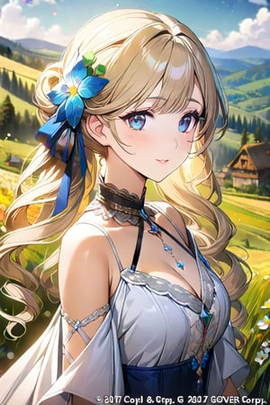 a dreamlike Bohemian girl of the 18th century, in a flowing gown adorned with intricate lace and ribbons, her hair styled in soft curls adorned with flowers. Surrounded by the rustic charm of Bohemian landscapes, capture her spirit of freedom and creativity amidst the backdrop of quaint villages and rolling hills. (masterpiece, top quality, best quality, official art, beautiful and aesthetic:1.2), (1girl:1.4), colorful, vibrant colors, blonde hair, portrait, extreme detailed, (fractal art:1.12), (colorful:1.1), highest detailed, portrait, medium shot, bokeh, 16K, (HDR:1.2), high contrast, 