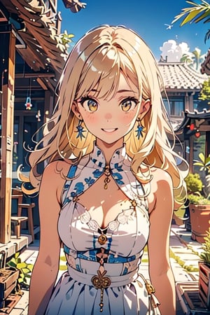 best quality, masterpiece, detailed, 16k, beautiful detailed face, beautiful detailed eyes, 8k, femalesolo, prefect body, prefect face, A tropical girl, long blonde curly hair, white tropical outfit, casual outfit, outdoor, blue sky, beautiful fantasy tropics, sweet smile,1girl yellow eyes earrings,xuer house