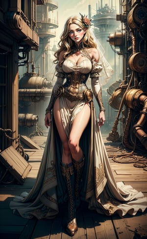 1girl, steampunk style, flowing blonde hair, boots,  detailed steampunk background, (masterpiece, top quality, best quality, official art, beautiful and aesthetic:1.2), extreme detailed, cinematic Lighting, ethereal light, intricate details, extremely detailed, incredible details, full colored, complex details, hyper maximalist, gorgeous light and shadow, detailed decoration, detailed lines. masterpiece, best quality, HDR, UHD, fair skin, beautiful face,davincitech,scifi,by leonardo da vinci,midjourney,LAinnopromise, wedding dress