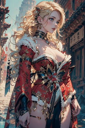 A girl with long blonde hair, wearing a fancy ornate (red and white) dress that combines a kimono and a fur cape, miniskirt, (scenery). intricate details, extremely detailed, incredible details, full colored, complex details, hyper maximalist, detailed decoration, detailed lines. masterpiece, best quality, HDR, UHD,LAassunity