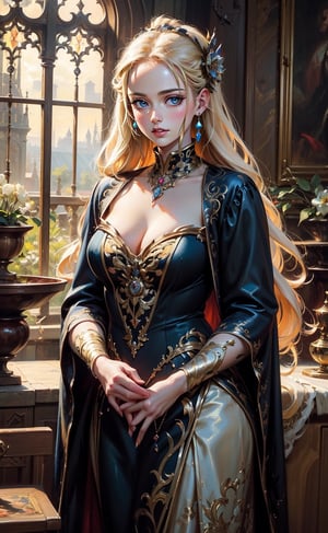 A girl with long blonde hair, wearing a fancy ornate dress. fantastical and ethereal scenery, daytime, Tudor mansion, Intricate details, extremely detailed, incredible details, full colored, complex details, hyper maximalist, detailed decoration, detailed lines. masterpiece, best quality, HDR,masterpiece