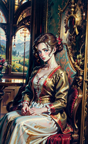 A girl engaged in a leisurely activity. She seated in an opulent interior with plush red drapery and a glimpse of a pastoral landscape through a window. She wore a magnificent gowns and the intricate lace and embellishments. Rococo-style oil painting,masterpiece,More Detail