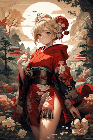 A girl with blonde hair, with detailed ornate fur hooded kimono, red hooded kimono, miniskirt, fantasypunk. (Cinematic lighting, ethereal light, intricate details, extremely detailed, incredible details, full colored), complex details, hyper maximalist, gorgeous light and shadow, detailed decoration, detailed lines. masterpiece, best quality, HDR, UHD, unreal engine. looking at the camera, fair skin, beautiful face, (beautiful eyes:1.5), perfect eyes, detailed eyes, beautiful nose, dim tones, Japanese art,A Traditional Japanese Art,Studio Ghibli,checkpoint,1 girl,Oil Painting,portrait,3DMM,(PnMakeEnh)