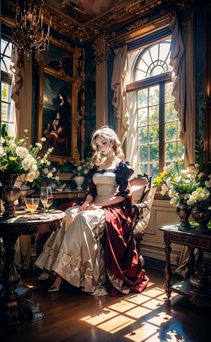 A aristocratic girl engaged in a leisurely activity. She seated in an opulent interior with plush red drapery and a glimpse of a pastoral landscape through a window. She wore silk gowns and the intricate lace and embellishments.