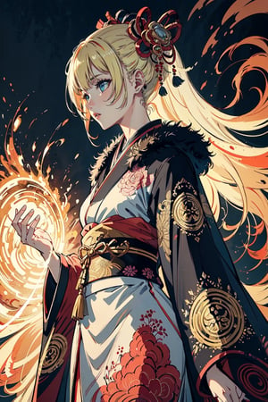 A girl with long blonde hair, wearing a fancy ornate red and white dress that combines a kimono and a fur cape, miniskirt, Japanese ancient scenery. intricate details, extremely detailed, incredible details, full colored, complex details, hyper maximalist, detailed decoration, detailed lines. masterpiece, best quality, HDR, UHD,
