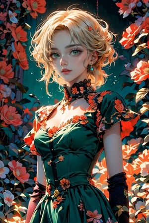 anime delicate detailed concept art, masterpiece, ultra realistic illustration, ultra hires, ultra highres, BREAK woman, sparkling beautiful eyes, blue eyes, blonde hair, flower dress, colorful, vibrant colors, darl background, green theme, beautiful colorful flowers backgrounds, exposure blend, medium shot, bokeh, (hdr:1.4), high contrast, (cinematic, teal and orange:0.85), (muted colors, dim colors, soothing tones:1.3), low angle saturation,from below, looking away, Shinkai makoto, //Lighting atmospheric lighting, volumetric lighting, light_particles, soft light, soft shadow, fine detailed, volumetric top lighting,VICTORIAN DRESS
