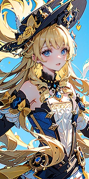 masterpiece, ultra-detailed,solo,  (1girl, curvy, blonde hair, blue eyes, long hair:1.4), (yellow bow, black headwear, black dress, detached sleeves, jewelry:1.3), upper body, color contrast, navia (genshin impact), outdoor,best quality,1girl navia,black headwear hat flower hat feather black thighhighs black gloves boots