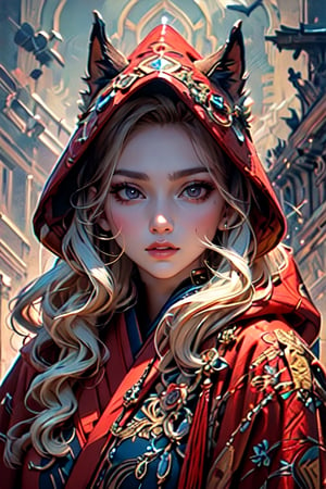 A girl with long blonde hair, with detailed ornate fur hooded kimono, red hooded kimono, miniskirt, fantasypunk. (Cinematic lighting, ethereal light, intricate details, extremely detailed, incredible details, full colored), complex details, hyper maximalist, gorgeous light and shadow, detailed decoration, detailed lines. masterpiece, best quality, HDR, UHD, unreal engine. looking at the camera, fair skin, beautiful face, (beautiful eyes:1.5), perfect eyes, detailed eyes, beautiful nose,