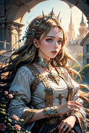 A girl with long blonde hair, wearing a fancy ornate (((folk dress))). fantastical and ethereal scenery, daytime, church, gress, flowers. Intricate details, extremely detailed, incredible details, full colored, complex details, hyper maximalist, detailed decoration, detailed lines. masterpiece, best quality, HDR, ,shine eyes01