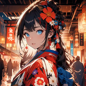 kimono girl, red kimono, floral print, masterpiece, abstract background, Japanese festival background, colorful fireworks, (Cinematic lighting, ethereal light, intricate details, extremely detailed, incredible details, full colored), complex details, hyper maximalist, gorgeous light and shadow, detailed decoration, detailed lines. masterpiece, best quality, HDR, UHD, unreal engine. looking at the camera, fair skin, beautiful face, (beautiful eyes:1.5), perfect eyes, detailed eyes, beautiful nose, dim tones,perfect light,midjourney