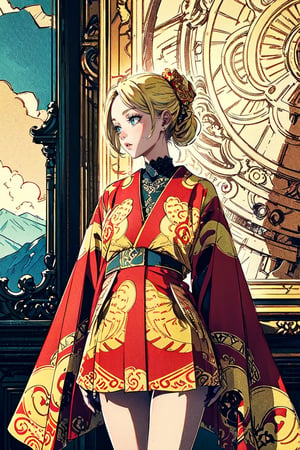 A girl with long blonde hair, wearing a fancy ornate red and white dress that combines a kimono and a fur cape, miniskirt, (scenery:1.3). intricate details, extremely detailed, incredible details, full colored, complex details, hyper maximalist, detailed decoration, detailed lines. masterpiece, best quality, HDR, UHD,t1g3rr0b3