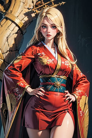 A girl with long blonde hair, wearing a fancy ornate red and white dress that combines a kimono and a fur cape, miniskirt, (scenery). intricate details, extremely detailed, incredible details, full colored, complex details, hyper maximalist, detailed decoration, detailed lines. masterpiece, best quality, HDR, UHD,