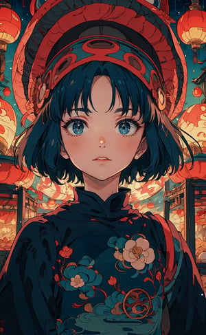 Ghibli anime style, "Spirited Away" style. A girl in a dark night market, with illuminated by warm lights. The whole atmosphere seems mysterious. (Cinematic lighting, ethereal light, intricate details, extremely detailed, incredible details, full colored), complex details, hyper maximalist, gorgeous light and shadow, detailed decoration, detailed lines. masterpiece, best quality, HDR, UHD, unreal engine. looking at the camera, fair skin, beautiful face, (beautiful eyes:1.5), perfect eyes, detailed eyes, beautiful nose, dim tones,studio ghibli style,guochao,Hayao Miyazaki style