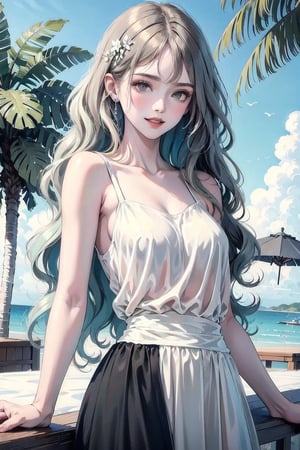 best quality, masterpiece, detailed, 16k, beautiful detailed face, beautiful detailed eyes, 8k, femalesolo, prefect body, prefect face, A tropical girl, long blonde curly hair, (white flowy chiffon tank), (floral maxi skirt), casual outfit, outdoor, blue sky, beautiful fantasy tropics, sweet smile,ZGirl,photo of perfecteyes eyes