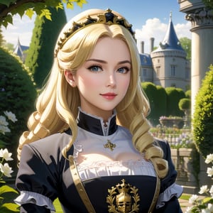 A royal servant, (1girl:1.4), blonde hair, portrait, royal garden, outdoors, (masterpiece, top quality, best quality, official art, beautiful and aesthetic:1.2), extreme detailed, highest detailed,solution epsilon \(overlord\)