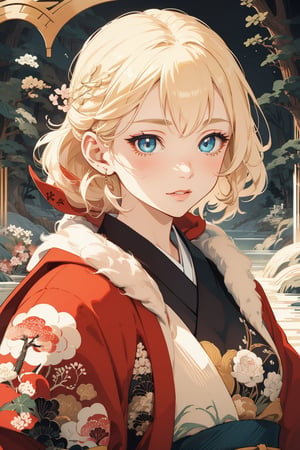A girl with blonde hair, with detailed ornate fur hooded kimono, red hooded kimono, miniskirt, fantasypunk. (Cinematic lighting, ethereal light, intricate details, extremely detailed, incredible details, full colored), complex details, hyper maximalist, gorgeous light and shadow, detailed decoration, detailed lines. masterpiece, best quality, HDR, UHD, unreal engine. looking at the camera, fair skin, beautiful face, (beautiful eyes:1.5), perfect eyes, detailed eyes, beautiful nose, dim tones, Japanese art,A Traditional Japanese Art,Studio Ghibli,checkpoint,1 girl,Oil Painting,portrait,3DMM,(PnMakeEnh),perfect light