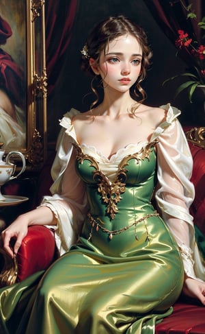 A girl engaged in a leisurely activity. She seated in an opulent interior with plush red drapery and a glimpse of a pastoral landscape through a window. She wore a Taffeta gowns and the intricate lace and embellishments. Rococo-style oil painting,masterpiece,More Detail