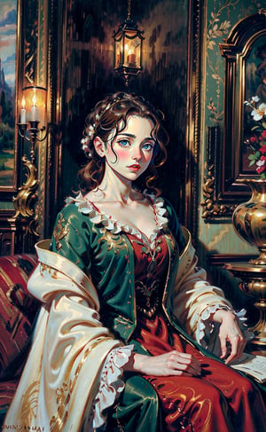 A girl engaged in a leisurely activity. She seated in an opulent interior with plush red drapery and a glimpse of a pastoral landscape through a window. She wore a magnificent gowns and the intricate lace and embellishments. mute colors, Rococo-style oil painting,masterpiece,More Detail