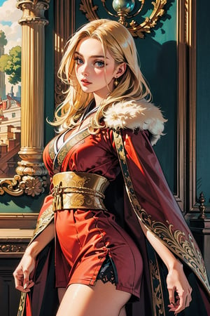 A girl with long blonde hair, wearing a fancy ornate red and white dress that combines a kimono and a fur cape, miniskirt, (scenery). intricate details, extremely detailed, incredible details, full colored, complex details, hyper maximalist, detailed decoration, detailed lines. masterpiece, best quality, HDR, UHD,