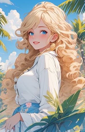 best quality, masterpiece, detailed, 16k, beautiful detailed face, beautiful detailed eyes, 8k, femalesolo, prefect body, prefect face, A tropical girl, long blonde curly hair, white tropical outfit, casual outfit, outdoor, blue sky, beautiful fantasy tropics, sweet smile, tropical scenery, 