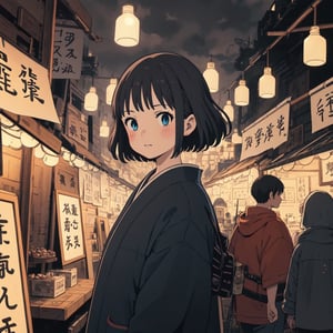 Ghibli anime style, "Spirited Away" style. A girl in a dark night market, with illuminated by warm lights. The whole atmosphere seems mysterious. (Cinematic lighting, ethereal light, intricate details, extremely detailed, incredible details, full colored), complex details, hyper maximalist, gorgeous light and shadow, detailed decoration, detailed lines. masterpiece, best quality, HDR, UHD, unreal engine. looking at the camera, fair skin, beautiful face, (beautiful eyes:1.5), perfect eyes, detailed eyes, beautiful nose, dim tones, Japanese art,A Traditional Japanese Art,Studio Ghibli,StdGBRedmAF