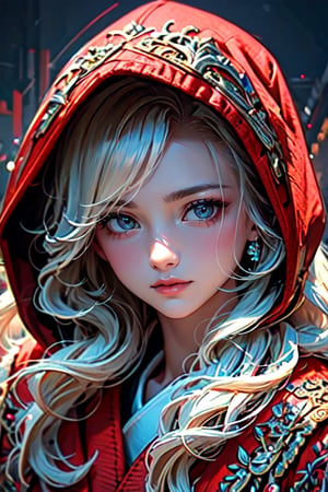 A girl with long blonde hair, with detailed ornate fur hooded kimono, red hooded kimono, miniskirt, fantasypunk. (Cinematic lighting, ethereal light, intricate details, extremely detailed, incredible details, full colored), complex details, hyper maximalist, gorgeous light and shadow, detailed decoration, detailed lines. masterpiece, best quality, HDR, UHD, unreal engine. looking at the camera, fair skin, beautiful face, (beautiful eyes:1.5), perfect eyes, detailed eyes, beautiful nose,rayen dress, head to thigh