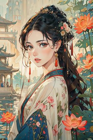 A classical oriental beauty, traditional costume, garden, pavilion, lotus pond, daytime, (Cinematic lighting, ethereal light, intricate details, extremely detailed, incredible details, full colored), complex details, hyper maximalist, gorgeous light and shadow, detailed decoration, detailed lines. masterpiece, best quality, HDR, UHD, unreal engine. looking at the camera, fair skin, beautiful face, girl