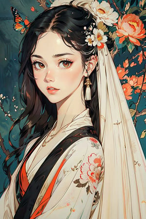  A girl, wearing hanfu, peony garden, butterfly, (negative space:1.4), fusion of art nouveau styles with gongbi painting, gold and white and red hue, (Cinematic lighting, ethereal light, intricate details, extremely detailed, incredible details, full colored), complex details, hyper maximalist, gorgeous light and shadow, detailed decoration, detailed lines. masterpiece, best quality, HDR, UHD, unreal engine. looking at the camera, fair skin, beautiful face,