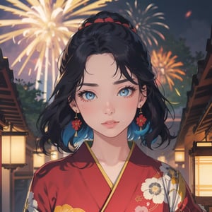 kimono girl, red kimono, floral print, masterpiece, abstract background, Japanese festival background, colorful fireworks, (Cinematic lighting, ethereal light, intricate details, extremely detailed, incredible details, full colored), complex details, hyper maximalist, gorgeous light and shadow, detailed decoration, detailed lines. masterpiece, best quality, HDR, UHD, unreal engine. looking at the camera, fair skin, beautiful face, (beautiful eyes:1.5), perfect eyes, detailed eyes, beautiful nose, dim tones,perfect light,