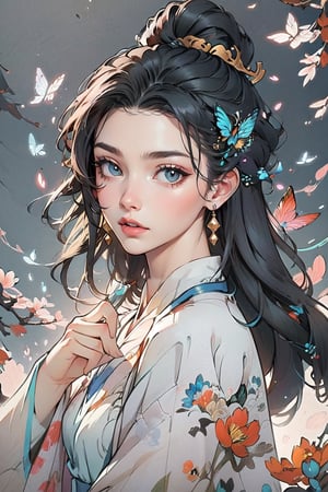 A girl, wearing hanfu, peony garden, butterfly, (negative space:1.4), gold and white and red hue, (Cinematic lighting, ethereal light, intricate details, extremely detailed, incredible details, full colored), complex details, hyper maximalist, gorgeous light and shadow, detailed decoration, detailed lines. masterpiece, best quality, HDR, UHD, unreal engine. looking at the camera, fair skin, beautiful face,gongbiv, girl,Colors