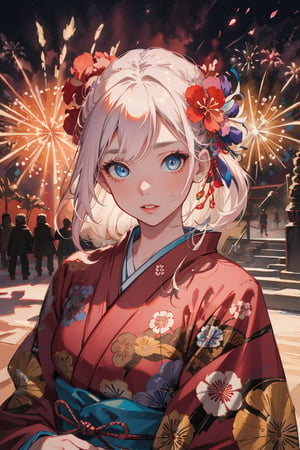 kimono girl, red kimono, floral print, masterpiece, abstract background, Japanese festival background, colorful fireworks, (Cinematic lighting, ethereal light, intricate details, extremely detailed, incredible details, full colored), complex details, hyper maximalist, gorgeous light and shadow, detailed decoration, detailed lines. masterpiece, best quality, HDR, UHD, unreal engine. looking at the camera, fair skin, beautiful face, (beautiful eyes:1.5), perfect eyes, detailed eyes, beautiful nose, dim tones,perfect light