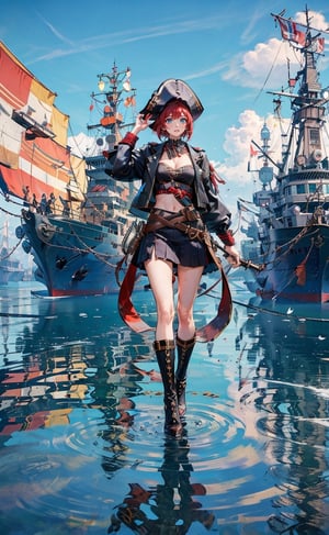 (masterpiece:1.2), best quality, a dashing female pirate, standing on dock, adorned in rugged yet stylish attire, with a confident smirk and fierce gaze that command respect. Her attire includes a weathered leather jacket, a tricorn hat cocked at a rakish angle, and a gleaming cutlass strapped to her waist. Swashbuckling, brave, wise and beautiful. letterboxed, scenery, watercraft, water, fantasy, ship, landscape, outdoors, river, tree, ocean.