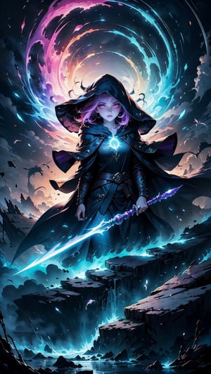tempest magic, fantasy, wind storm, excessive energy, floating, enchanted robe, holding staff, mage staff, hood up, glowing hair, 1girl, glowing eyes, long hair,graffiStyle,bg_imgs