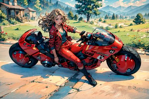 A glamorous woman astride a powerful motorcycle, cruising through picturesque countryside landscapes. Her sleek leather jacket and pants gleams in the sunlight, while her flowing hair dances in the wind. Surrounding her are rolling hills, lush green fields, and winding country roads, creating a stunning backdrop for her adventurous journey. (masterpiece, top quality, best quality, official art, beautiful and aesthetic:1.2), (1girl:1.4), blonde hair, extreme detailed, highest detailed, highres, natural volumetric lighting and best shadows, highly detailed face, highly detailed facial features,  ((1 girl on motorcycle )), Detailedface, prefect detail, krsbk,Camila Noceda