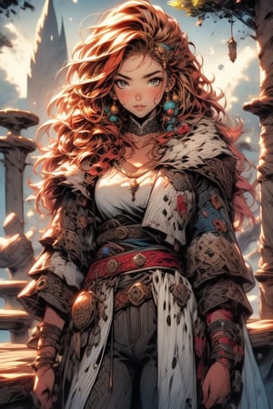 A dashing female warrior, adorned in rugged yet stylish attire, with a confident smirk and fierce gaze that command respect, medieval fantasy. Swashbuckling, brave, wise and beautiful, jewelry, standing, collarbone, white shirt, weapon, earrings, belt, pants, necklace, blurry, lips, gun, blurry background, hoop earrings, realistic, brown belt. (Cinematic lighting, ethereal light, intricate details, extremely detailed, incredible details, full colored), complex details, hyper maximalist, gorgeous light and shadow, detailed decoration, detailed lines. masterpiece, best quality, HDR, UHD, unreal engine. looking at the camera, fair skin, beautiful face, beautiful eyes, perfect eyes, detailed eyes, beautiful nose,sexypirate,viking,Camila Noceda
