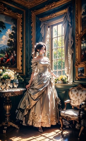A aristocratic girl engaged in a leisurely activity. She seated in an opulent interior with plush red drapery and a glimpse of a pastoral landscape through a window. She wore silk gowns and the intricate lace and embellishments. Rococo-style oil painting
