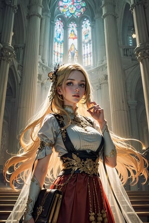 A girl with long blonde hair, wearing a fancy ornate (((folk dress))). fantastical and ethereal scenery, daytime, church, gress, flowers. Intricate details, extremely detailed, incredible details, full colored, complex details, hyper maximalist, detailed decoration, detailed lines. masterpiece, best quality, HDR, ,shine eyes01