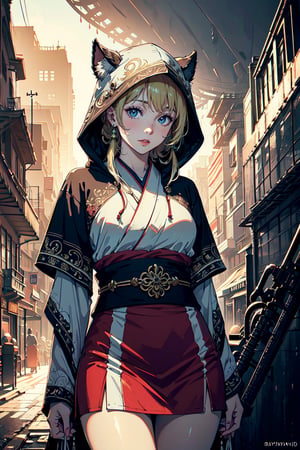 A girl with long blonde hair, with detailed ornate fur hooded kimono, red hooded kimono, miniskirt, fantasypunk. (Cinematic lighting, ethereal light, intricate details, extremely detailed, incredible details, full colored), complex details, hyper maximalist, gorgeous light and shadow, detailed decoration, detailed lines. masterpiece, best quality, HDR, UHD, unreal engine. looking at the camera, fair skin, beautiful face, (beautiful eyes:1.5), perfect eyes, detailed eyes, beautiful nose,rayen dress, head to thigh,