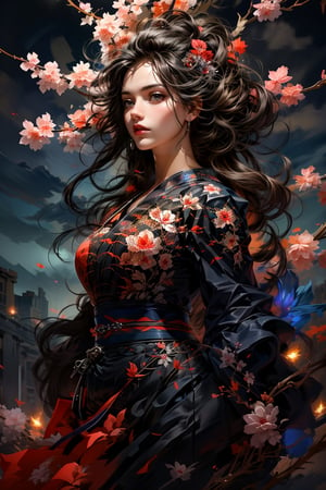 A girl, wearing kimono, a sakura tree, flowers, day, (Cinematic lighting, ethereal light, intricate details, extremely detailed, incredible details, full colored), complex details, hyper maximalist, gorgeous light and shadow, detailed decoration, detailed lines. masterpiece, best quality, HDR, UHD, unreal engine. looking at the camera, fair skin, beautiful face,More Detail,photo of perfecteyes eyes,guochao,bj_elegant