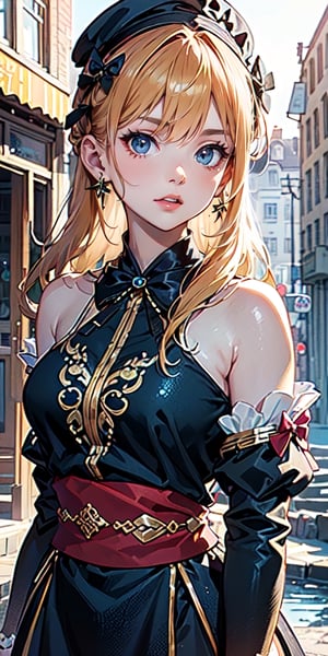 (1girl, curvy, blonde hair, blue eyes, long hair:1.4), (yellow bow, black headwear, black dress, detached sleeves, jewelry:1.3), upper body, color contrast, navia (genshin impact), outdoor, (Cinematic lighting, ethereal light, intricate details, extremely detailed, incredible details, full colored), complex details, hyper maximalist, gorgeous light and shadow, detailed decoration, detailed lines. masterpiece, best quality, HDR, UHD, unreal engine. looking at the camera, fair skin, beautiful face, (beautiful eyes:1.5), perfect eyes, detailed eyes, beautiful nose, masterpiece, best quality, 4k, 8k, ,photo of perfecteyes eyes,Illustration,1girl