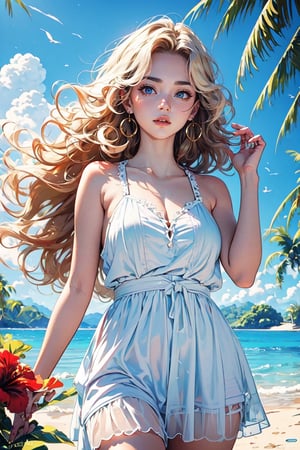 best quality, masterpiece, detailed, 16k, beautiful detailed face, beautiful detailed eyes, 8k, solo, prefect body, prefect face. A tropical girl, long blonde curly hair, white chiffon dress, casual outfit, outdoor, blue sky, beautiful fantasy tropics, sweet smile, vivid color, sunshine, flowers, hibiscus, scenery,Beautiful Beach,