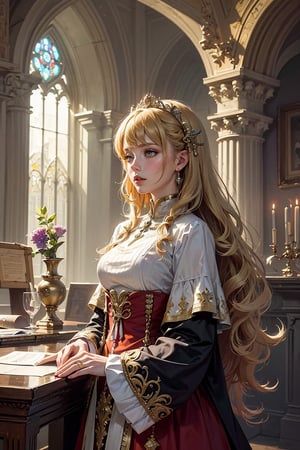 A girl with long blonde hair, wearing a fancy ornate (((folk dress))). fantastical and ethereal scenery, daytime, church, gress, flowers. Intricate details, extremely detailed, incredible details, full colored, complex details, hyper maximalist, detailed decoration, detailed lines. masterpiece, best quality, HDR, 