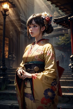 A girl, wearing kimono, a sakura tree, flowers, day, (Cinematic lighting, ethereal light, intricate details, extremely detailed, incredible details, full colored), complex details, hyper maximalist, gorgeous light and shadow, detailed decoration, detailed lines. masterpiece, best quality, HDR, UHD, unreal engine. looking at the camera, fair skin, beautiful face,Japanese scene