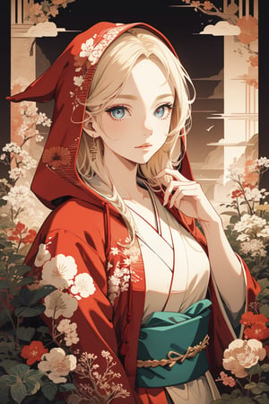 A girl with long blonde hair, with detailed ornate fur hooded kimono, red hooded kimono, miniskirt, fantasypunk. (Cinematic lighting, ethereal light, intricate details, extremely detailed, incredible details, full colored), complex details, hyper maximalist, gorgeous light and shadow, detailed decoration, detailed lines. masterpiece, best quality, HDR, UHD, unreal engine. looking at the camera, fair skin, beautiful face, (beautiful eyes:1.5), perfect eyes, detailed eyes, beautiful nose, dim tones, Japanese art,A Traditional Japanese Art,Studio Ghibli,checkpoint,1 girl,Oil Painting,portrait,3DMM,(PnMakeEnh),perfect light