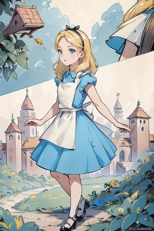 (1 girl:1.2), blue dress, white apron, black hairband, garden tea party, pastel colors, light particles, lighting, (highly detailed:1.2),(detailed face:1.2), (gradients), (detailed landscape, vegetation, bricks, carpet:1.2), (detailed background), detailed landscape, (dynamic pose:1.2), (rule of third_composition:1.3), (Line of action:1.2), daylight,AliceWonderlandWaifu,portrait,Nice legs and hot body