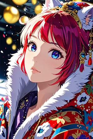 Kyoto Animation stylized anime, a woman with red hair, and blue eyes, with detailed ornate fur hooded kimono, red hooded kimono, miniskirt, fantasypunk. Cinematic lighting, ethereal light, intricate details, extremely detailed, incredible details, full colored, complex details, insanely detailed and intricate, hyper maximalist, extremely detailed with rich colors. masterpiece, best quality, HDR, UHD, unreal engine. Representative, fair skin, rich in details High quality, gorgeous, 8k, super detail, gorgeous light and shadow, detailed decoration, detailed lines,Kyoto animation style,Leonardo Style